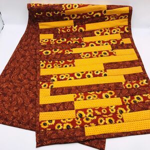 Handmade Quilted Table Runner Fall Sunflowers Gold Bronze Stepping Block 42x14.5